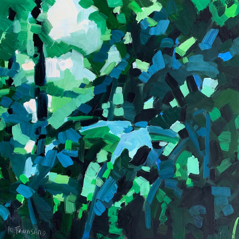 Abstract painting in gestural brushstrokes of blues and greens by Krista Townsend - Cottage Curator - Sperryville VA Art Gallery