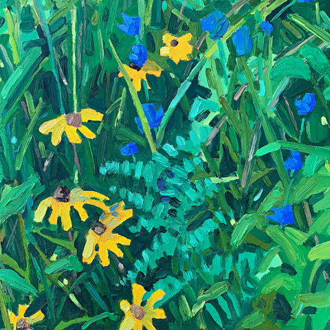Detail of oil painting of blue and yellow wildflowers against a background of bright green shrubs and plants by Krista Townsend at Cottage Curator - Sperryville VA Art Gallery