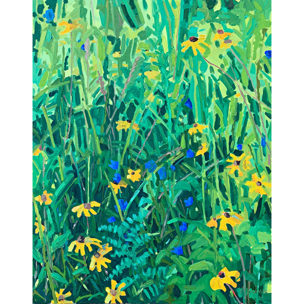 Oil painting of blue and yellow wildflowers against a background of bright green shrubs and plants by Krista Townsend at Cottage Curator - Sperryville VA Art Gallery