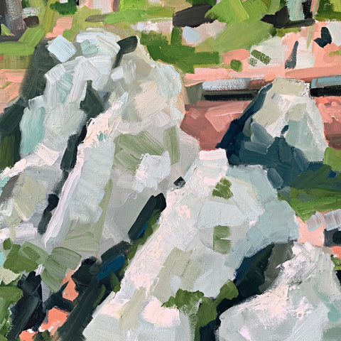 Detail of painting with gestural brushstrokes in a range of green, pink and taupe hues by Krista Townsend at Cottage Curator - Sperryville VA Art Gallery