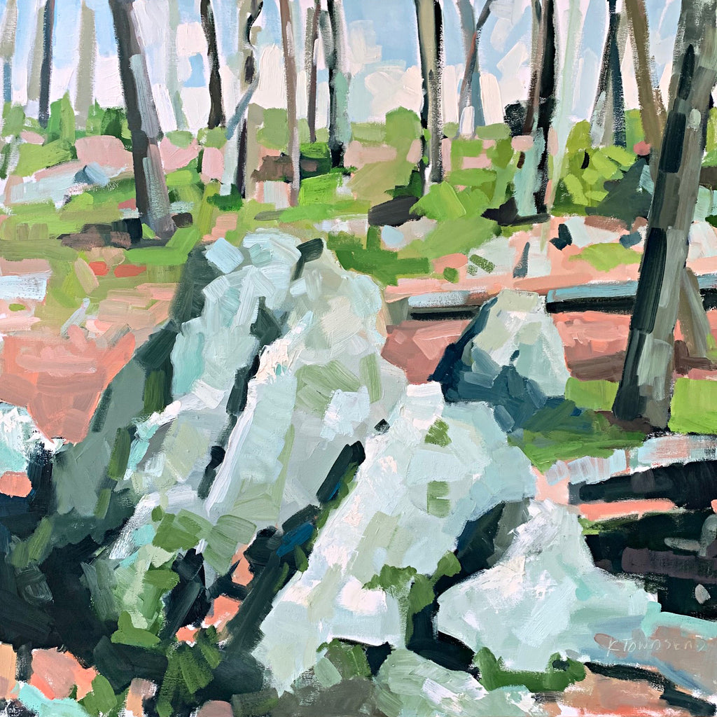Painting of lichen on rocks with trees in the background in a variety of green, pink and taupe shades by Krista Townsend at Cottage Curator - Sperryville VA Art Gallery