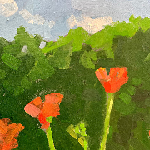 Detail of orange poppies against green trees with blue sky and clouds at top in painting by Krista Townsend at Cottage Curator - Sperryville VA Art Gallery