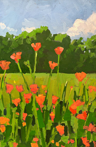 Painting of orange poppies in a green field with trees and blue sky in the distance by Krista Townsend at Cottage Curator - Sperryville VA Art Gallery