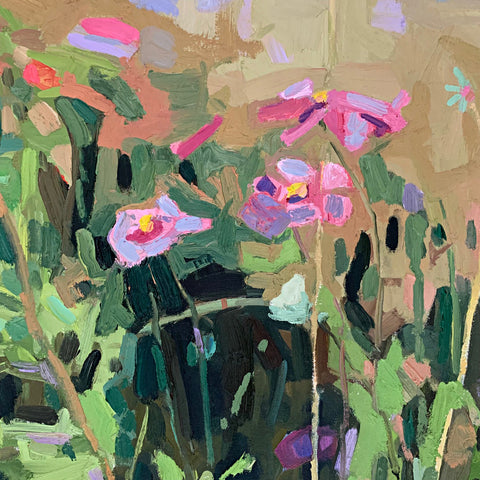Detail of oil painting in abstract, gestural brushstrokes of wildflowers in a mountain landscape titled Ragged Mountain by Krista Townsend at Cottage Curator - Sperryville VA Art Gallery