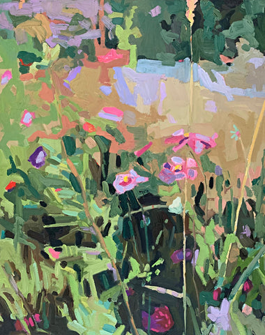 Oil painting in abstract, gestural brushstrokes of wildflowers in a mountain landscape titled Ragged Mountain by Krista Townsend at Cottage Curator - Sperryville VA Art Gallery