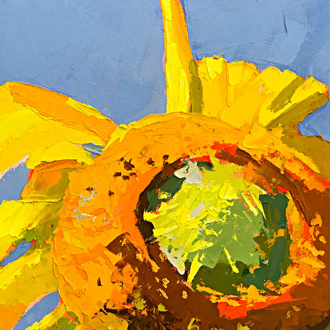 Painting of large sunflower against a blue sky with impasto brush strokes by Krista Townsend at Cottage Curator - Sperryville VA Art Gallery