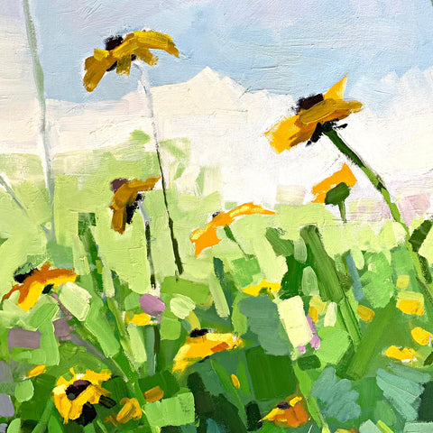 Detail of Painting of meadow with black and yellow, and purple wildflowers and horizon with blue sky by Krista Townsend at Cottage Curator - Sperryville VA Art Gallery