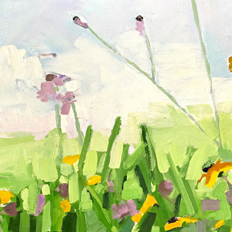 Detail of painting of meadow with black and yellow, and purple wildflowers and horizon with blue sky by Krista Townsend at Cottage Curator - Sperryville VA Art Gallery