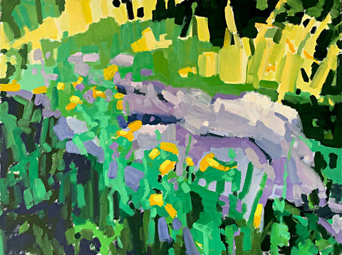 Painting of wildflowers and rocks in purples, greens and yellows by Krista Townsend at Cottage Curator - Sperryville VA Art Gallery