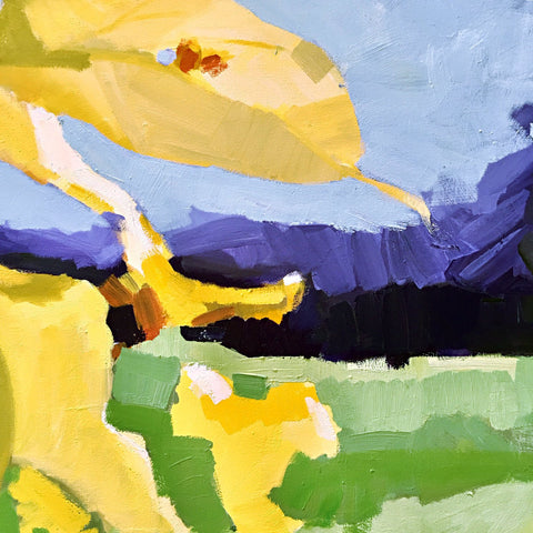 Detail of painting of yellow leaves against a blue and green landscape by Krista Townsend at Cottage Curator Sperryville VA art gallery