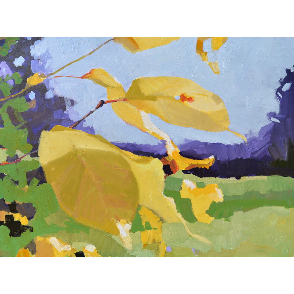 Painting of yellow leaves against a colorful blue and green landscape by Krista Townsend at Cottage Curator Sperryville VA art gallery