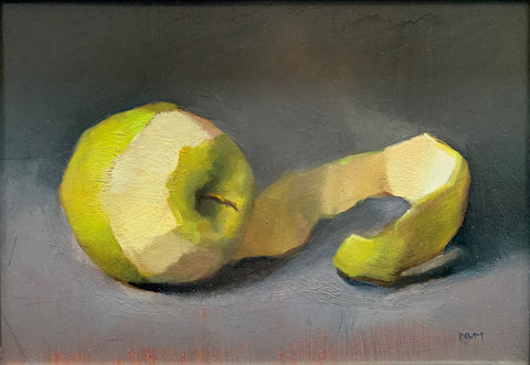Still life painting of partially peeled golden apple on a gray background by Nancy Van Meter at Cottage Curator - Sperryville VA Art Gallery