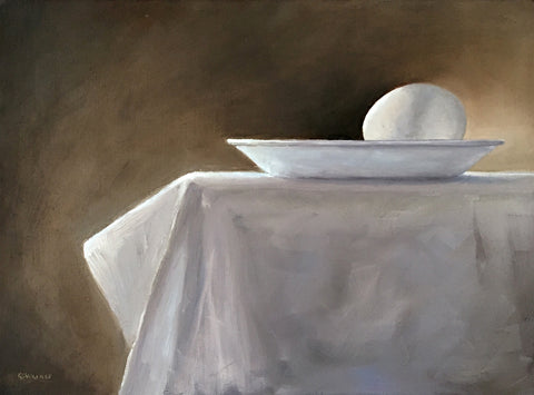 Painting of egg on white plate sitting on table with white cloth against a brown background by KC Werner at Cottage Curator Sperryville VA