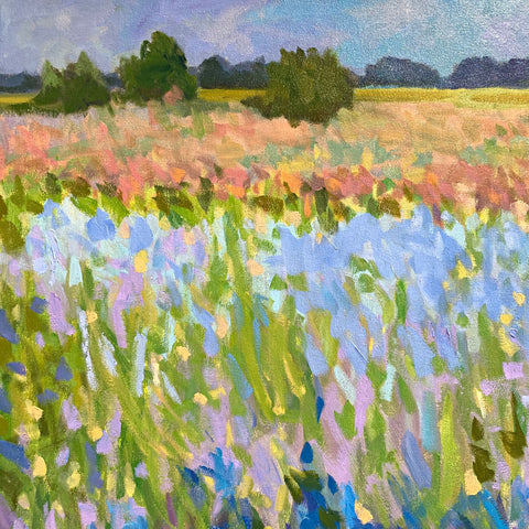 Detail of oil painting with water and fields and trees in the distance by Priscilla Long Whitlock at Cottage Curator, Sperryville VA Art Gallery