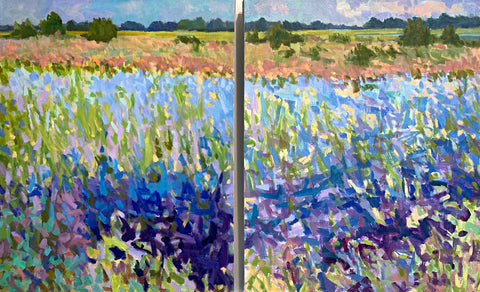 Oil painting of marsh in blues greens and purples with fields and trees in the distance by Priscilla Long Whitlock at Cottage Curator, Sperryville VA Art Gallery