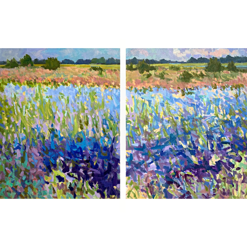 Oil painting of marsh in blues greens and purples with fields and trees in the distance by Priscilla Long Whitlock at Cottage Curator, Sperryville VA Art Gallery