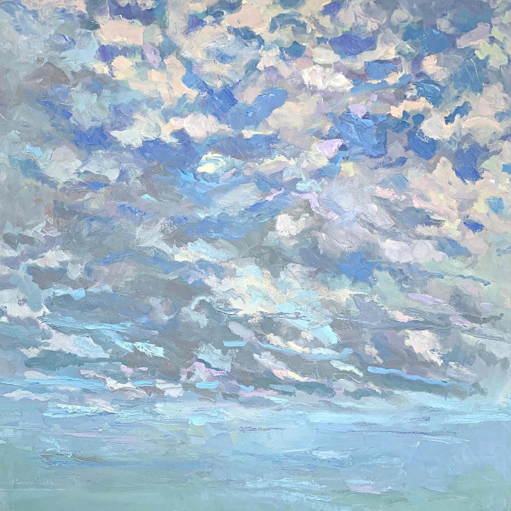 Seascape painting of colorful clouds in blues, grays, purples and pinks over a pale blue ocean by Priscilla Long Whitlock at Cottage Curator - Sperryville VA Art Gallery