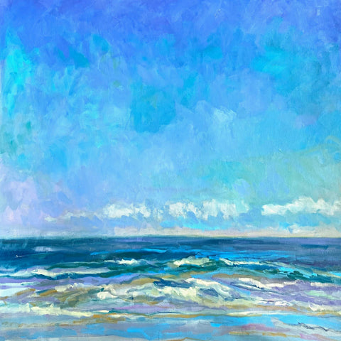 Seascape painting of ocean waves and sky in blues, purples, greens with gold by Priscilla Long Whitlock at Cottage Curator - Sperryville VA Art Gallery