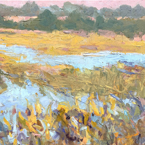 Detail of landscape painting of marsh with pastel pinks, greens, yellows and deep blues by Priscilla Long Whitlock at Cottage Curator - Sperryville VA Art Gallery
