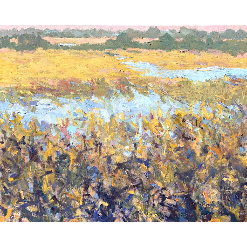 Landscape painting of marsh with pastel pinks, greens, yellows and deep blues by Priscilla Long Whitlock at Cottage Curator - Sperryville VA Art Gallery