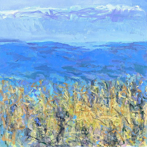 Landscape oil painting of blue mountains and sky with ochre grasses in the foreground by Priscilla Whitlock at Cottage Curator - Sperryville VA Art Gallery