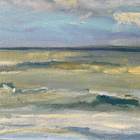 Detail of oil painting of sea and sky in blues with pinks and ochres by Priscilla Whitlock at Cottage Curator - Sperryville VA Art Gallery