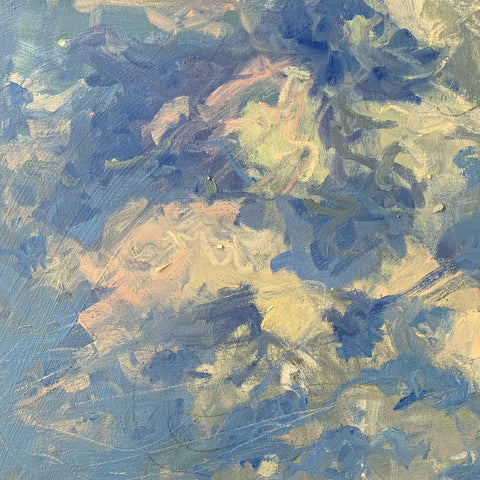 Detail of oil painting of sea and sky in blues with pinks and ochres by Priscilla Whitlock at Cottage Curator - Sperryville VA Art Gallery