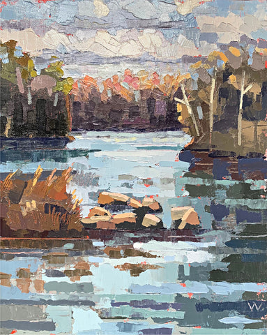 Painting of autumn scene with trees and grasses near water in blues, oranges, pinks and browns by Joan Wiberg at Cottage Curator - Sperryville VA