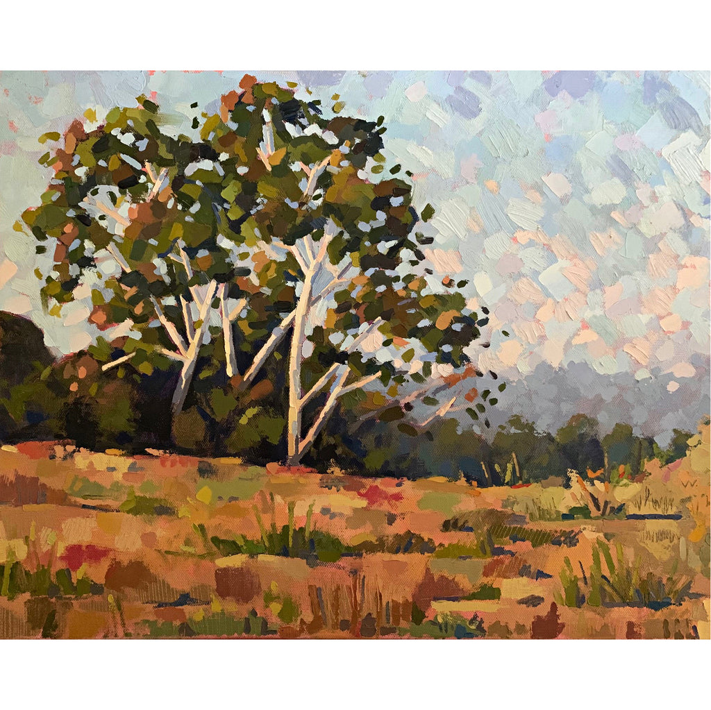 Landscape painting of an autumn day in olive greens, browns, reds and warm blue skies by Joan Wiberg at Cottage Curator - Sperryville VA Art Gallery