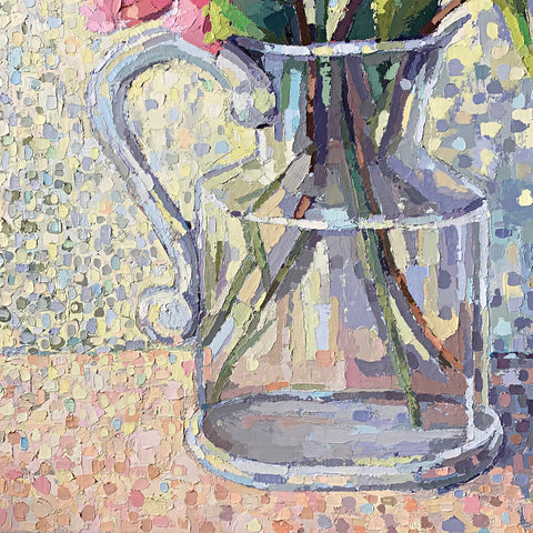 Detail of pitcher in Still life painting of flowers in glass pitcher with abstract background in pastels and neutrals by Joan Wiberg at Cottage Curator - Sperryville VA Art Gallery