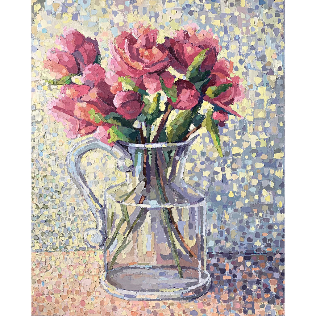 Still life painting of flowers in glass pitcher with abstract background in pastels and neutrals by Joan Wiberg at Cottage Curator - Sperryville VA Art Gallery