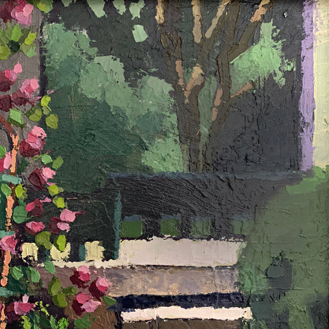 Detail of Painting of garden with steps and trellis of roses by Joan Wiberg at Cottage Curator - Sperryville VA Art Gallery