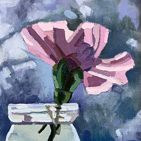 Detail of Painting of a pink carnation in a glass vase with gestural brush strokes in front of a window by Joan Wiberg at Cottage Curator - Sperryville VA Art Gallery