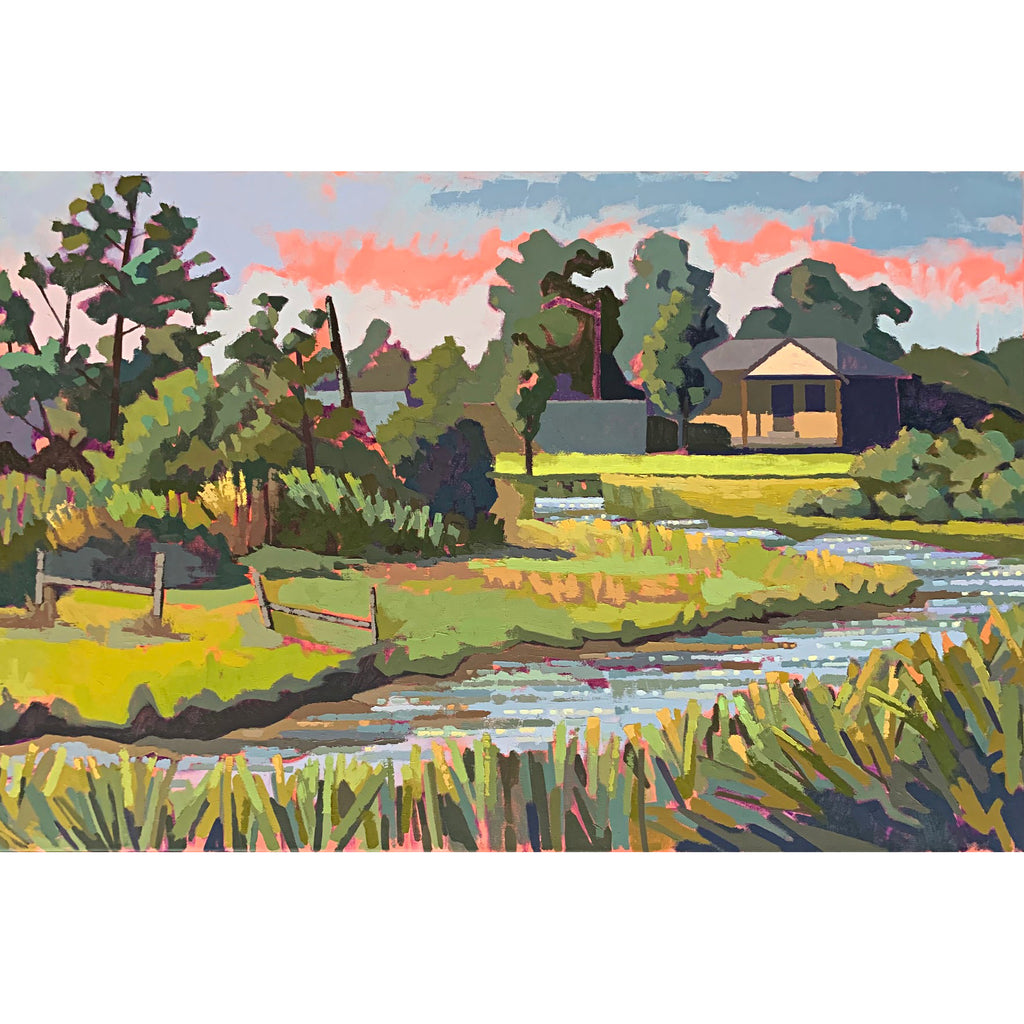 Landscape of house on a marshy waterway at morning in Chincoteague VA by Joan Wiberg - Cottage Curator - Sperryville VA Art Gallery