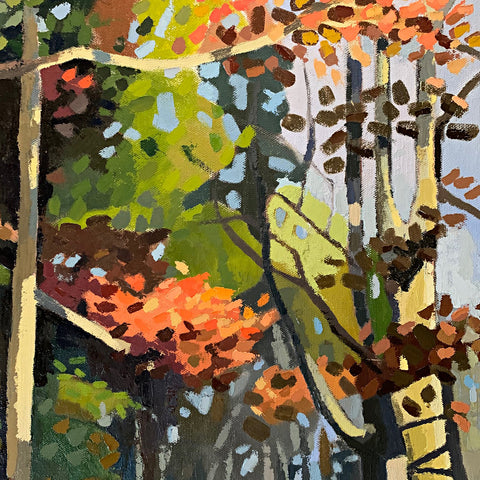 Detail of Painting of a path in the woods on an autumn afternoon in greens, browns and oranges by Joan Wiberg at Cottage Curator - Sperryville VA Art Gallery