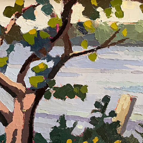 Detail of tree in impressionist landscape painting of golden rods along the water with a tree to the left side, by Joan Wiberg, at Cottage Curator - Sperryville VA Art Gallery