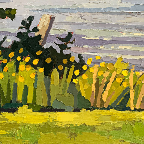 Detail of golden rods along the water in an impressionist landscape painting by Joan Wiberg, at Cottage Curator - Sperryville VA Art Gallery