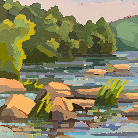 Detail of Landscape painting of river with rocks and surrounding greenery with hills in the background on a late summer morning by Joan Wiberg at Cottage Curator - Sperryville VA Art Gallery