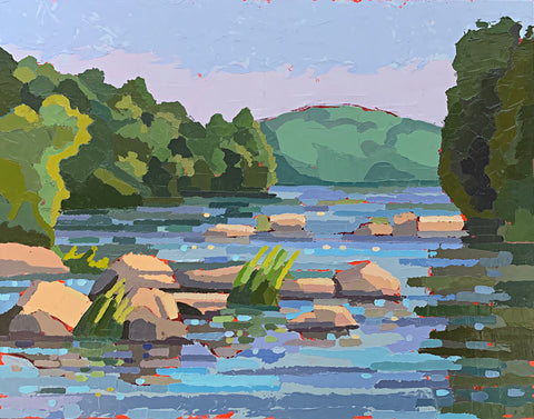 Landscape painting of river with rocks and surrounding greenery with hills in the background on a late summer morning by Joan Wiberg at Cottage Curator - Sperryville VA Art Gallery
