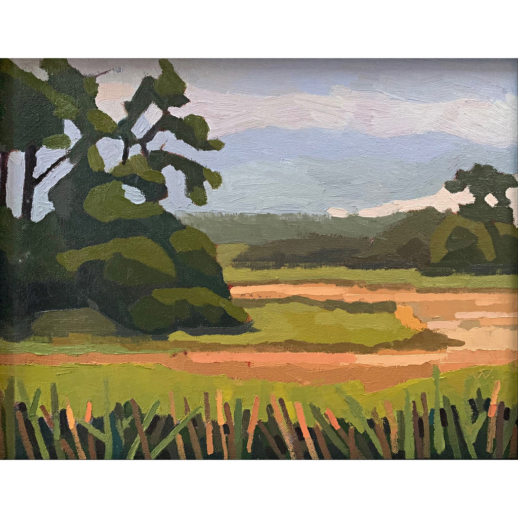 Abstracted landscape painting of marsh morning in greens with blue sky in background by Joan  Wiberg at Cottage Curator - Sperryville VA Art Gallery