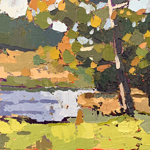 Detail of landscape painting of an October morning with tree by the river in green, orange and blue fall colors by Joan Wiberg at Cottage Curator - Sperryville VA Art Gallery