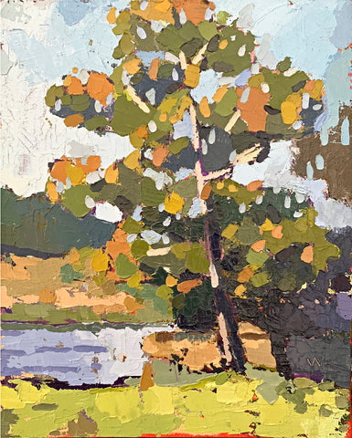 Landscape painting of an October morning with tree by the river in green, orange and blue fall colors by Joan Wiberg at Cottage Curator - Sperryville VA Art Gallery
