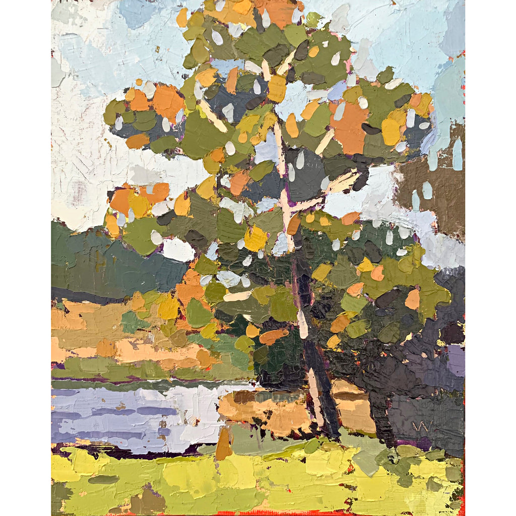 Landscape painting of an October morning with tree by the river in green, orange and blue fall colors by Joan Wiberg at Cottage Curator - Sperryville VA Art Gallery