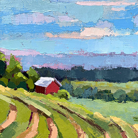 Detail of Landscape painting with red barn and green fields under a blue sky with clouds by Joan Wiberg at Cottage Curator - Sperryville VA