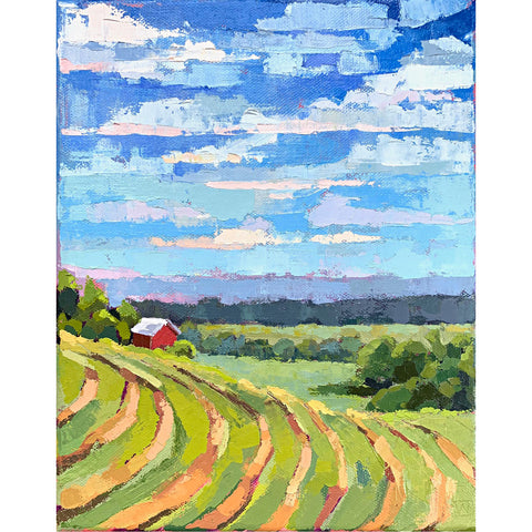 Landscape painting with red barn and green fields under a blue sky with clouds by Joan Wiberg at Cottage Curator - Sperryville VA