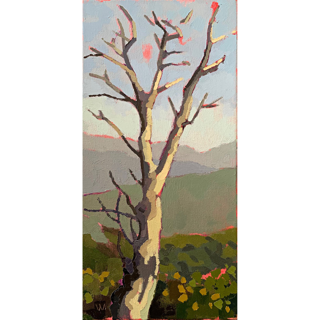 Vertical painting of a bare-branched tree in the center with pink highlights and a scenic overlook in blues and greens in the background by Joan Wiberg - Cottage Curator - Sperryville VA Art Gallery