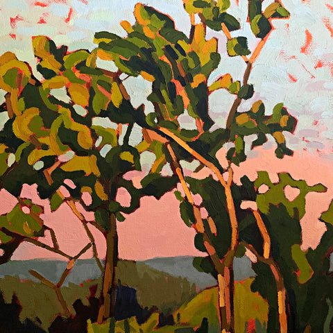 Detail of Landscape painting of a September morning with trees in warm light and pink skies by Joan Wiberg at Cottage Curator - Sperryville VA Art Gallery