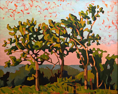 Landscape painting of a September morning with trees in warm light and pink skies by Joan Wiberg at Cottage Curator - Sperryville VA Art Gallery