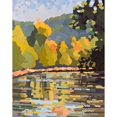 Landscape of Shenandoah River with gold and green foliage trees on the shore and reflected in the water by Joan Wiberg at Cottage Curator - Sperryville VA Art Gallery