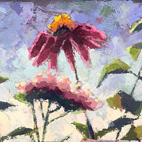 Detail of echinacea in still life painting of flowers on window sill in summer sunlight by Joan Wiberg at Cottage Curator - Sperryville VA Art Gallery